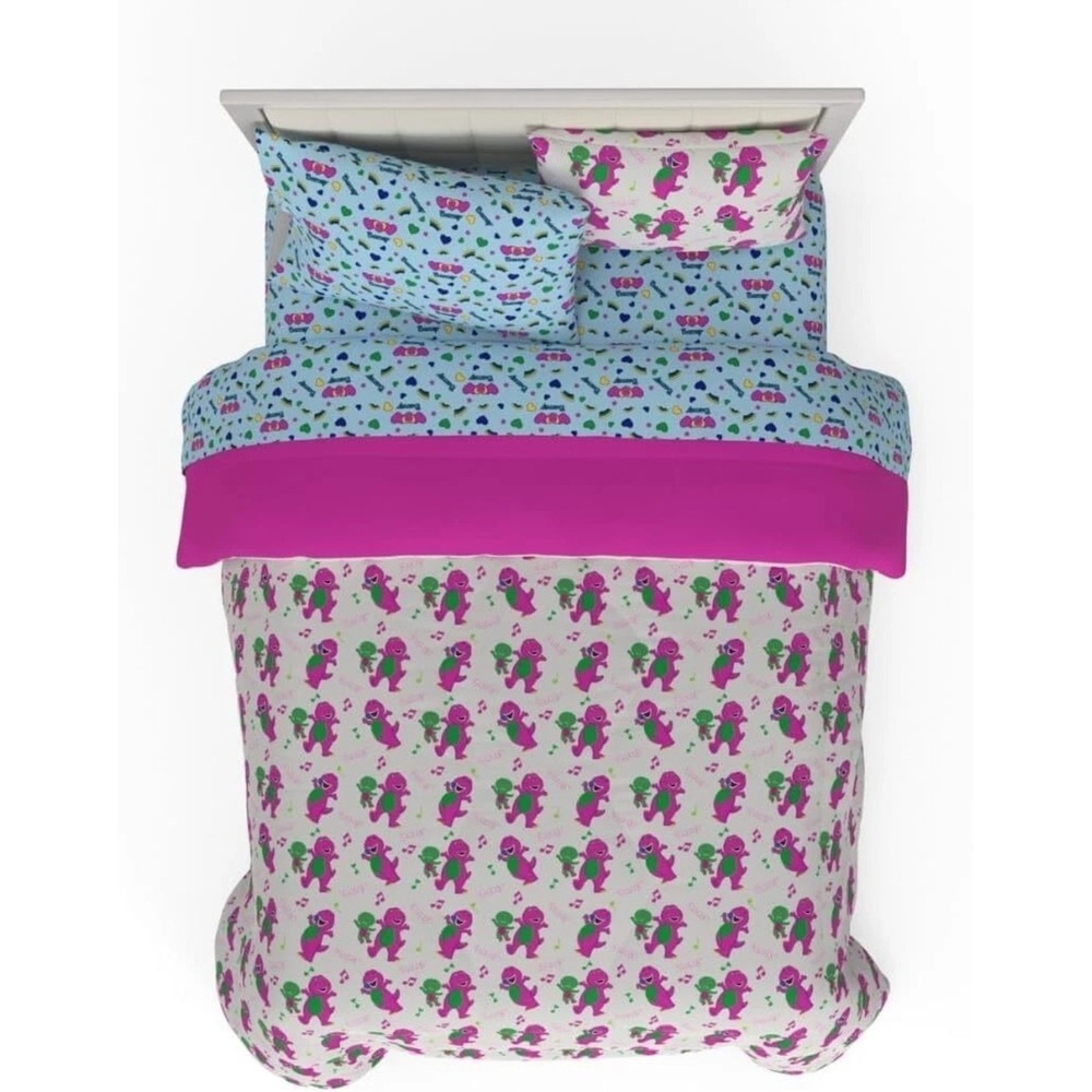 Barney & Friends Bedding 7 Piece Reversible Comforter, Sheet Set w/Sham, Full Sz